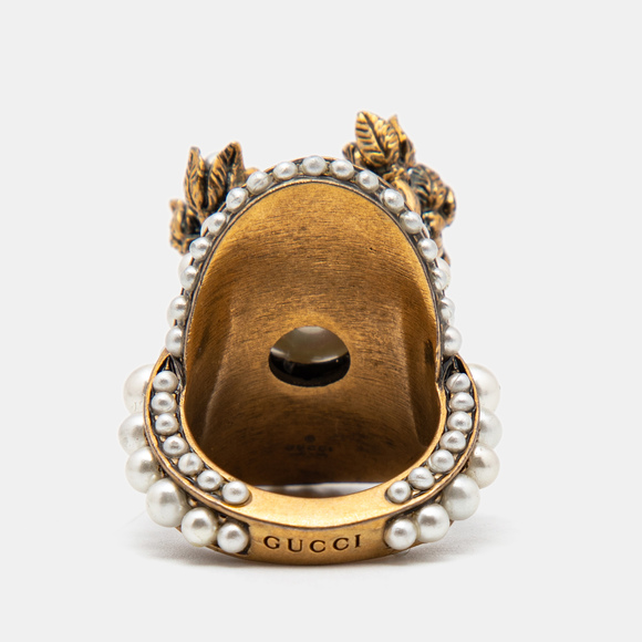 GUCCI Faux Pearl Flower Gold Tone Ring Size 50 - Picture 5 of 6